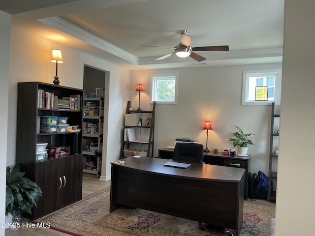 213 Woodsrun St, Raeford, NC 28376 - home office featuring a ceiling fan, crown molding, light wood-type flooring, and a raised ceiling