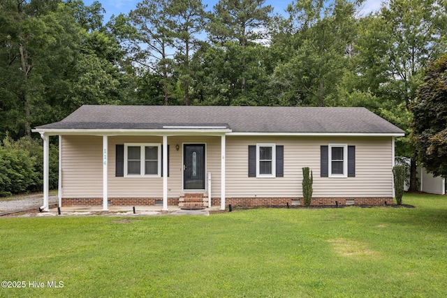 114 Maid Marian Ln, Washington, NC 27889 - ranch-style home with crawl space, a front yard, and a shingled roof