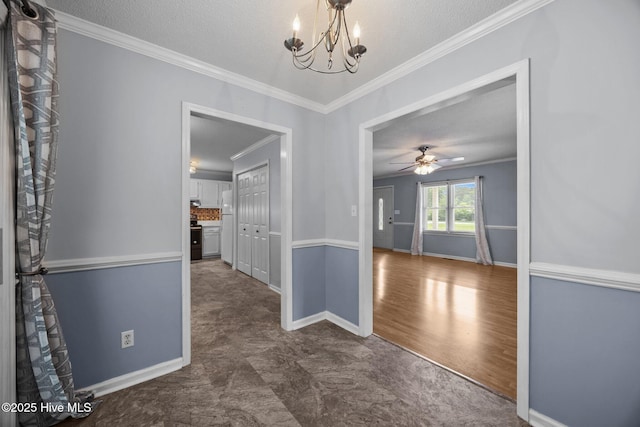 114 Maid Marian Ln, Washington, NC 27889 - unfurnished room with a chandelier, ornamental molding, a ceiling fan, and a textured ceiling