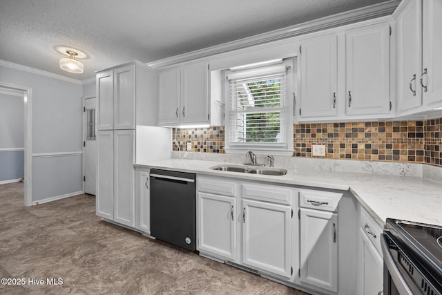 114 Maid Marian Ln, Washington, NC 27889 - kitchen with dishwashing machine, crown molding, a textured ceiling, white cabinets, and decorative backsplash
