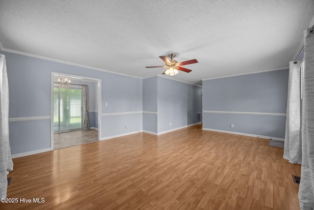 114 Maid Marian Ln, Washington, NC 27889 - unfurnished room featuring a textured ceiling, a chandelier, wood finished floors, a ceiling fan, and crown molding