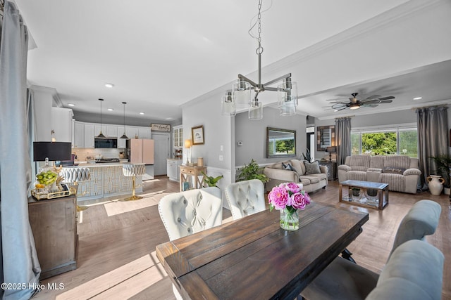 2221 Greaves Ct, Winterville, NC 28590 - dining room with crown molding, ceiling fan, recessed lighting, and light wood-style flooring