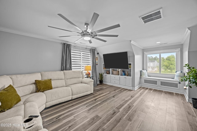 2221 Greaves Ct, Winterville, NC 28590 - living area featuring ceiling fan, ornamental molding, and wood finished floors