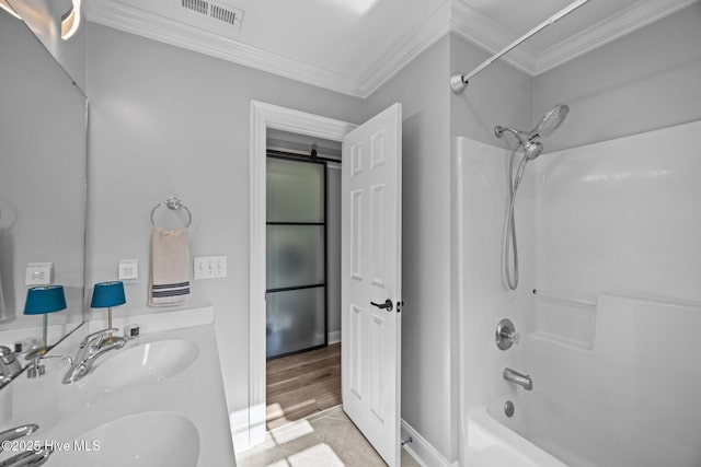 2221 Greaves Ct, Winterville, NC 28590 - bathroom featuring ornamental molding,  shower combination, and double vanity