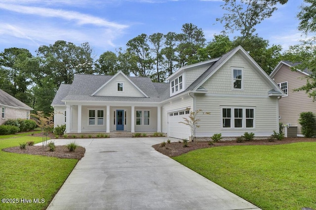 8249 Sage Valley Dr, Wilmington, NC 28411 - craftsman-style house with a porch, driveway, a front yard, a garage, and a shingled roof