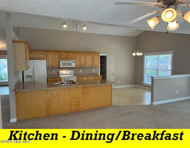 12 Deerwood Ln, Pinehurst, NC 28374 - kitchen with white appliances, a sink, light colored carpet, plenty of natural light, and lofted ceiling