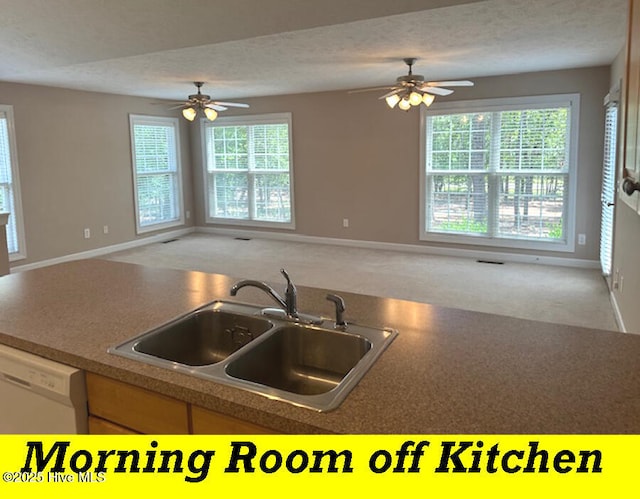 12 Deerwood Ln, Pinehurst, NC 28374 - kitchen with a sink, dishwasher, a ceiling fan, baseboards, and a textured ceiling