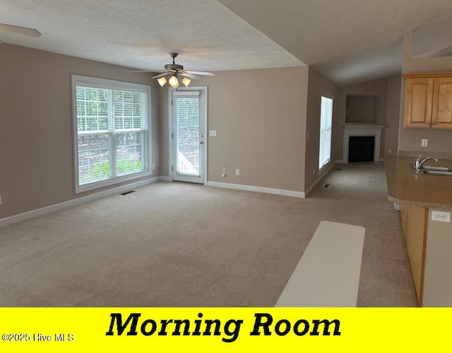 12 Deerwood Ln, Pinehurst, NC 28374 - unfurnished living room with a ceiling fan, light carpet, healthy amount of natural light, a sink, and a textured ceiling