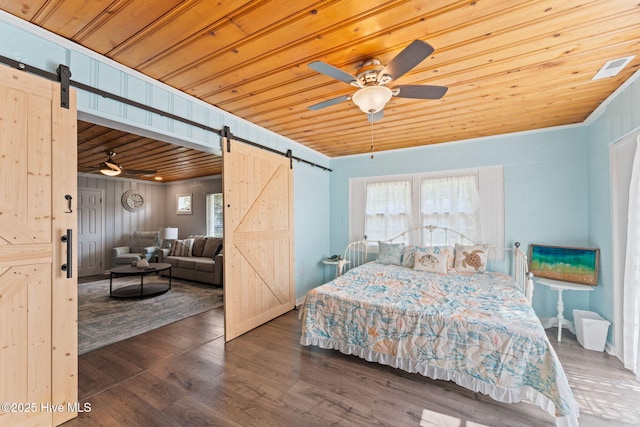 115 NE 66th St, Oak Island, NC 28465 - bedroom featuring a barn door, wood ceiling, wood finished floors, multiple windows, and a ceiling fan