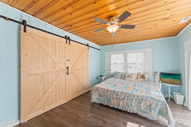 115 NE 66th St, Oak Island, NC 28465 - bedroom with a barn door, wood ceiling, wood finished floors, and a ceiling fan