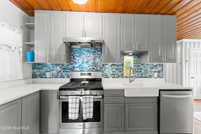 115 NE 66th St, Oak Island, NC 28465 - kitchen with appliances with stainless steel finishes, gray cabinets, wooden ceiling, open shelves, and a sink