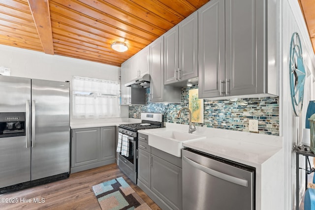 115 NE 66th St, Oak Island, NC 28465 - kitchen with appliances with stainless steel finishes, gray cabinets, wood ceiling, a sink, and under cabinet range hood