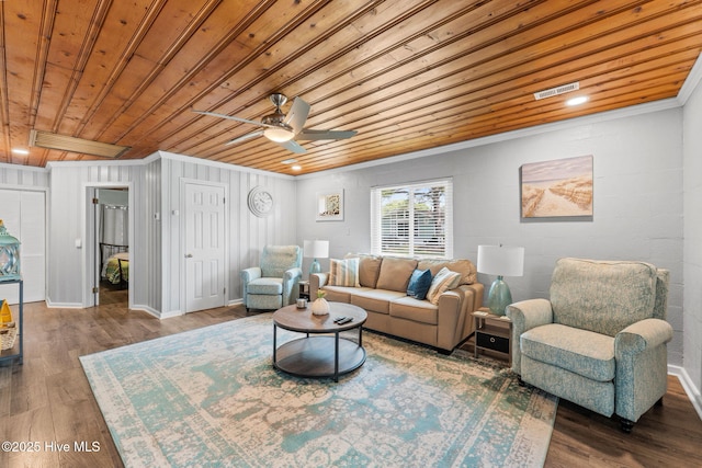 115 NE 66th St, Oak Island, NC 28465 - living room featuring wood ceiling, crown molding, ceiling fan, and wood finished floors
