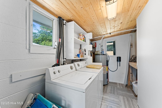 115 NE 66th St, Oak Island, NC 28465 - laundry area featuring washing machine and clothes dryer, wood ceiling, and electric water heater