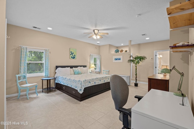 215C Battleground Ave, New Bern, NC 28560 - bedroom with light tile patterned flooring, recessed lighting, a desk, and a ceiling fan
