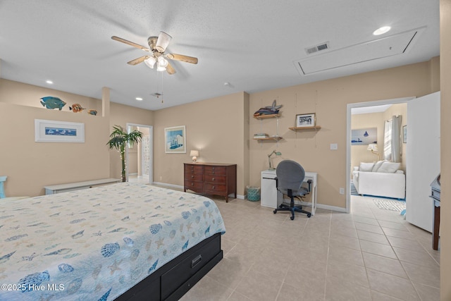 215C Battleground Ave, New Bern, NC 28560 - bedroom with attic access, light tile patterned floors, recessed lighting, and a ceiling fan