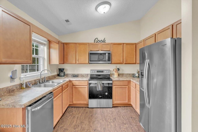 136 Van Riggs Rd, Hubert, NC 28539 - kitchen with appliances with stainless steel finishes, vaulted ceiling, light wood-style floors, a textured ceiling, and light countertops