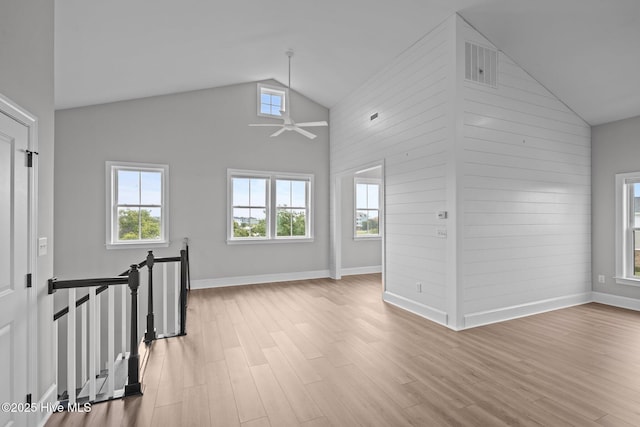 520 Cannonsgate Dr, Newport, NC 28570 - unfurnished room with ceiling fan, wood finished floors, and high vaulted ceiling