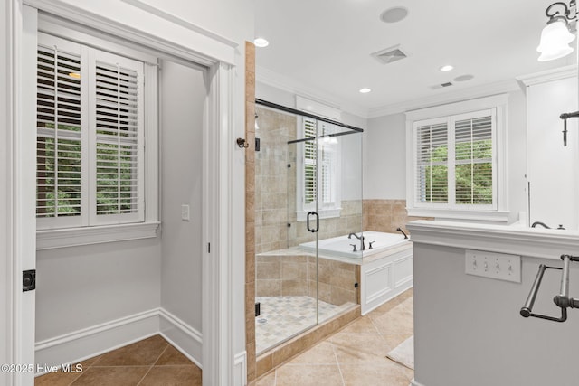 733 Legare Ln SW, Supply, NC 28462 - bathroom featuring crown molding, tile patterned floors, a shower stall, a bath, and recessed lighting