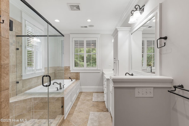 733 Legare Ln SW, Supply, NC 28462 - full bathroom with vanity, a garden tub, healthy amount of natural light, ornamental molding, and a shower stall