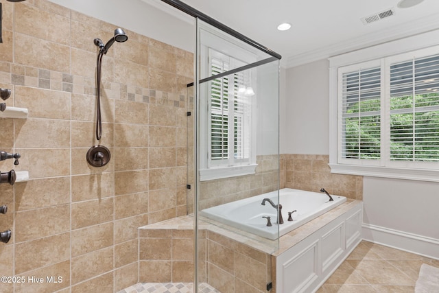 733 Legare Ln SW, Supply, NC 28462 - bathroom featuring a shower stall, a bath, ornamental molding, tile patterned flooring, and recessed lighting