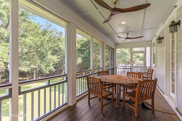 733 Legare Ln SW, Supply, NC 28462 - sunroom with a ceiling fan and coffered ceiling