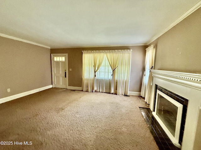 110 N Main St, Colerain, NC 27924 - unfurnished living room with crown molding, a fireplace, carpet flooring, and baseboards