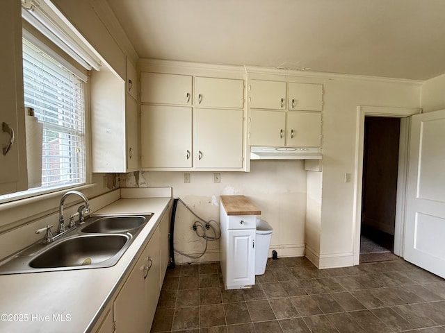 110 N Main St, Colerain, NC 27924 - kitchen with a sink, light countertops, dark tile patterned flooring, under cabinet range hood, and white cabinetry