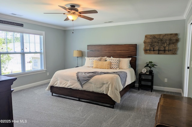 502 Vanderhorst Ave, Shallotte, NC 28470 - bedroom featuring carpet floors, baseboards, ornamental molding, and a ceiling fan