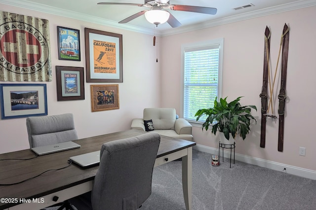 502 Vanderhorst Ave, Shallotte, NC 28470 - carpeted office space with a ceiling fan, crown molding, and baseboards