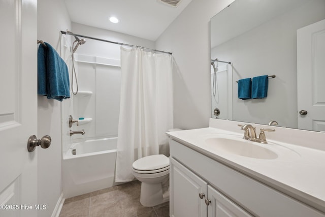 6476 Merceron St Unit 2B, Ocean Isle Beach, NC 28469 - bathroom with vanity, shower / tub combo with curtain, tile patterned floors, and recessed lighting