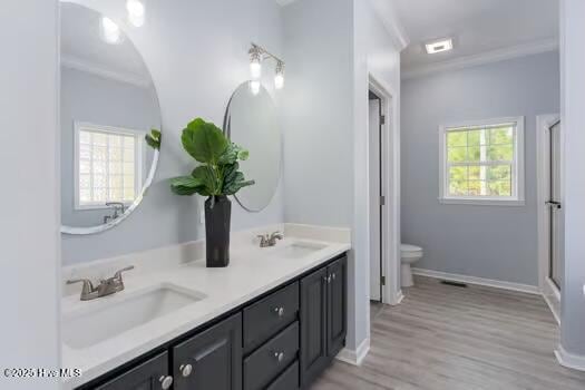 225 Factory Rd, Hampstead, NC 28443 - full bath with healthy amount of natural light, double vanity, toilet, wood finished floors, and ornamental molding