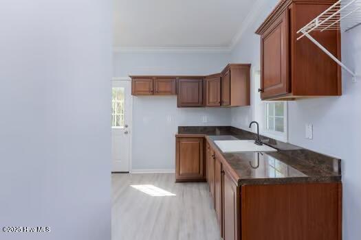225 Factory Rd, Hampstead, NC 28443 - kitchen with dark countertops, a sink, crown molding, brown cabinets, and light wood-style floors