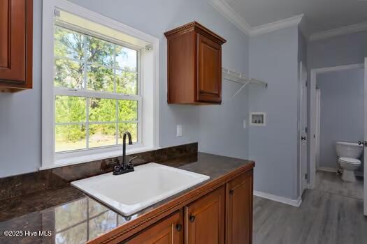 225 Factory Rd, Hampstead, NC 28443 - laundry room with hookup for a washing machine, crown molding, plenty of natural light, light wood finished floors, and baseboards