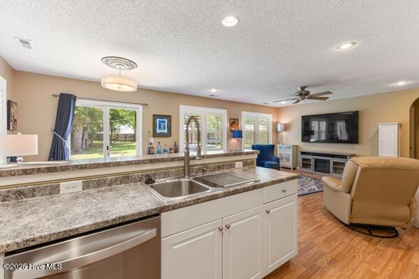 1135 Sunburst Way, Leland, NC 28451 - kitchen featuring dishwasher, a textured ceiling, a sink, plenty of natural light, and white cabinetry