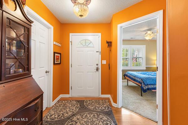 1135 Sunburst Way, Leland, NC 28451 - entrance foyer with baseboards, a textured ceiling, and wood finished floors