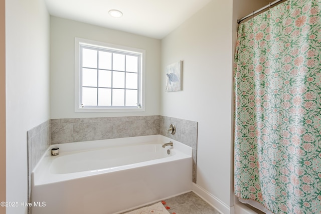 522 Heartwood Dr, Leland, NC 28479 - full bath featuring a garden tub, tile patterned flooring, and curtained shower