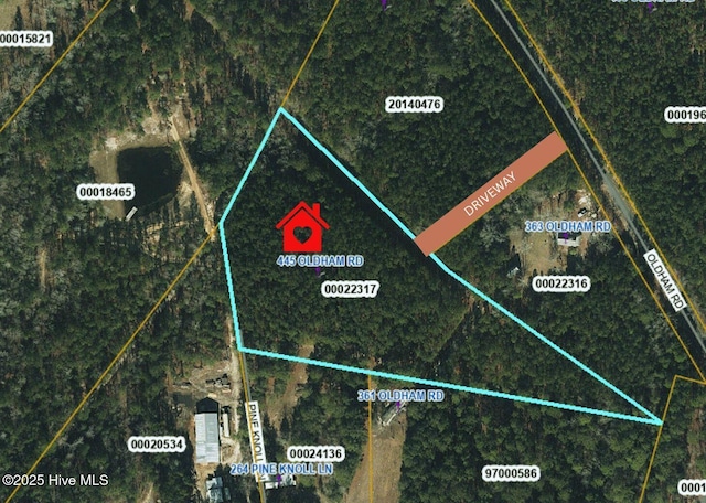 445 Oldham Rd, West End, NC 27376 - aerial map of property and surrounding area featuring property boundaries highlighted