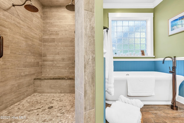 414 Yaupon Dr, Southport, NC 28461 - bathroom with tiled shower, a freestanding tub, crown molding, and wood finished floors