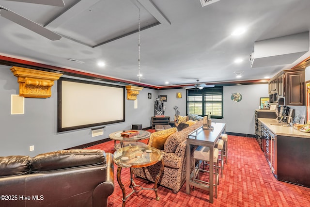 414 Yaupon Dr, Southport, NC 28461 - cinema room featuring recessed lighting, carpet floors, ceiling fan, and baseboards