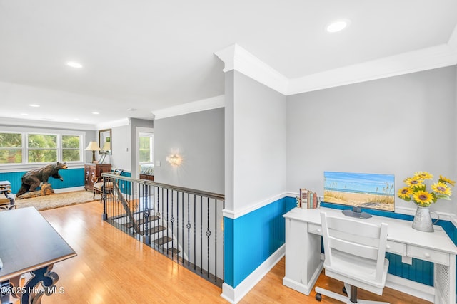 414 Yaupon Dr, Southport, NC 28461 - office area with crown molding, wood finished floors, and recessed lighting