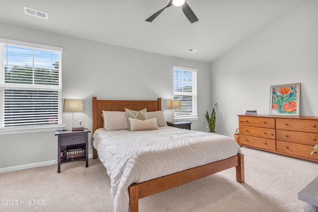 6751 Blacktip Ln, Wilmington, NC 28412 - bedroom featuring carpet, vaulted ceiling, and a ceiling fan