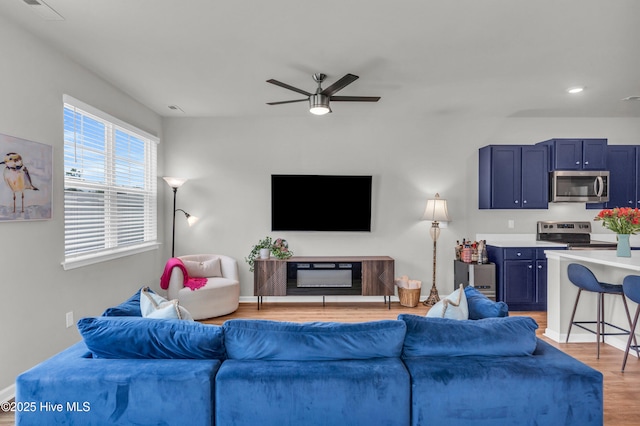 6751 Blacktip Ln, Wilmington, NC 28412 - living area with a ceiling fan, light wood-style floors, and recessed lighting