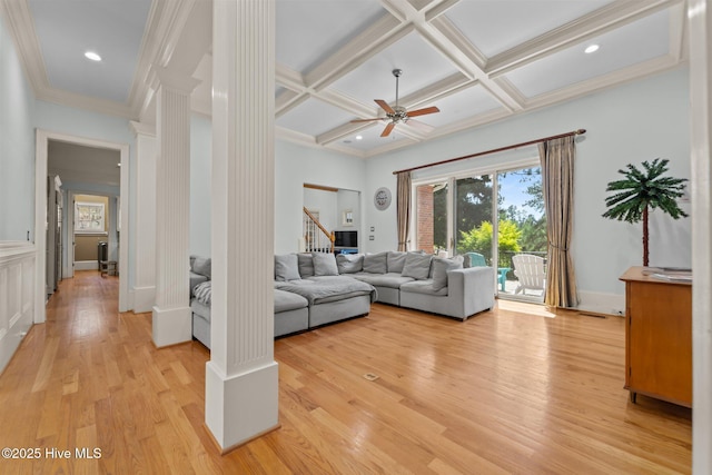 30 Spring Valley Ct, Pinehurst, NC 28374 - living room with stairs, plenty of natural light, decorative columns, coffered ceiling, and ceiling fan