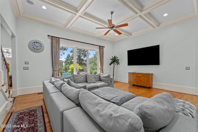 30 Spring Valley Ct, Pinehurst, NC 28374 - living room with a ceiling fan, coffered ceiling, stairway, light wood-type flooring, and beam ceiling