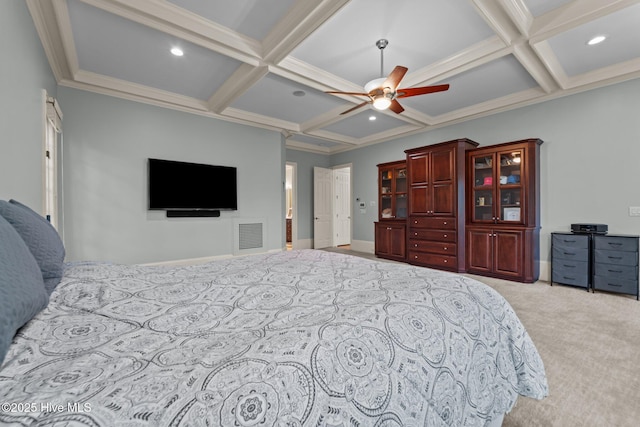 30 Spring Valley Ct, Pinehurst, NC 28374 - carpeted bedroom with coffered ceiling, beamed ceiling, recessed lighting, and a ceiling fan