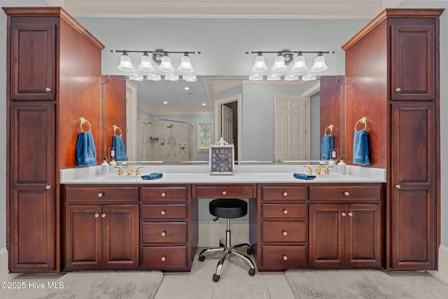 30 Spring Valley Ct, Pinehurst, NC 28374 - full bathroom featuring a stall shower, double vanity, crown molding, and tile patterned floors