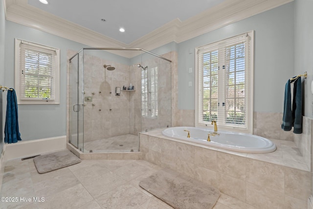 30 Spring Valley Ct, Pinehurst, NC 28374 - full bathroom featuring crown molding, a bath, a stall shower, tile patterned floors, and recessed lighting