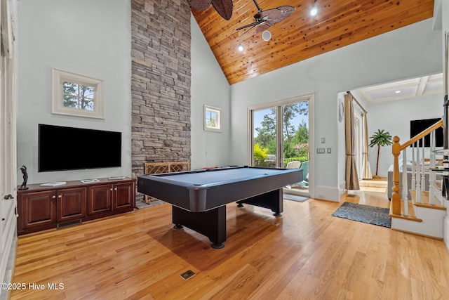 30 Spring Valley Ct, Pinehurst, NC 28374 - game room with high vaulted ceiling, billiards, light wood-style flooring, wooden ceiling, and a ceiling fan