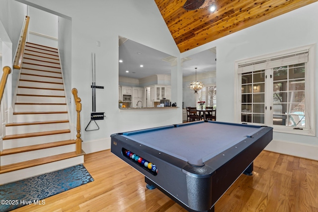 30 Spring Valley Ct, Pinehurst, NC 28374 - rec room featuring pool table, wooden ceiling, high vaulted ceiling, wood finished floors, and a chandelier